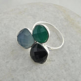 Multi Stone Ring - Green Onyx, Blue Chalcedony Gemstone Ring - 925 Sterling Silver Handmade Rings Jewelry - Boho Ring for Women